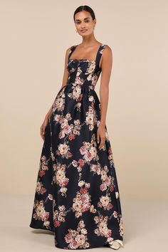 Navy Blue Floral Dress - Sleeveless Bustier Dress - Maxi Dress - Lulus Printed Bridesmaid Dresses, Black Tie Dress Code, Navy Blue Floral Dress, Floral Bridesmaid Dresses, Fall Bridesmaid Dresses, Casual Formal Dresses, Floral Bustier, Maid Of Honour Dresses, Fall Wedding Guest Dress