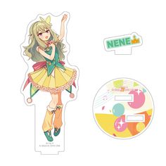 an anime character is standing next to a sticker with the name nene on it