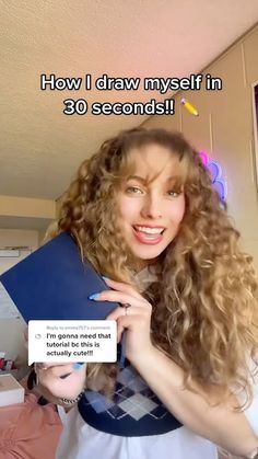 a woman with long curly hair holding a blue folder in front of her face and the caption how i draw my self in 30 seconds?