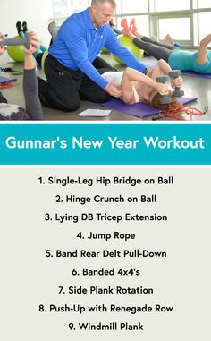 a man and woman doing yoga exercises with the words gunnar's new year workout