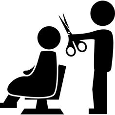 a black and white silhouette of a man cutting someone's hair with a pair of scissors