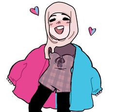 a drawing of a woman wearing a hijab and smiling with hearts in the background