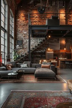 an industrial living room with exposed brick walls