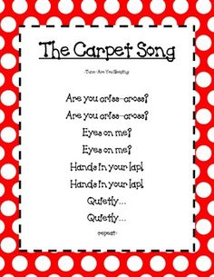 a red and white polka dot frame with the words, the carpet song