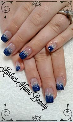 Short Square Acrylic Nails Blue Glitter, Navy Wedding Nails For Bride, Navy Blue And Silver Nails Short, Silver Nail Designs For Prom, Short Nail Designs Glitter, Fade Acrylic Nails, New Yrs Nails, Silver And Blue Nails, January Nails Ideas Simple