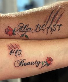 two people with matching tattoos on their arms that say his and hers beauty written in cursive writing