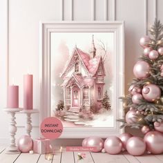 a pink christmas tree next to a white framed print with a pink house on it