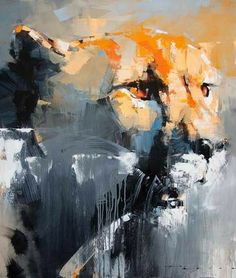 an abstract painting of a lion's face with orange and black colors on it