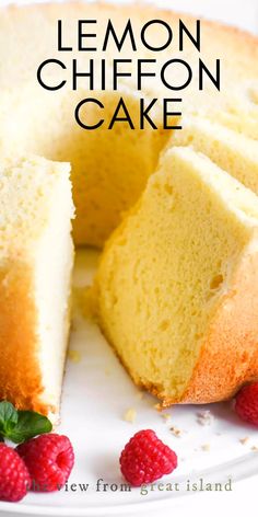 lemon chiffon cake on a plate with raspberries