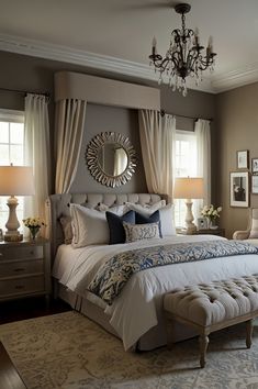 a bedroom with a large bed and chandelier