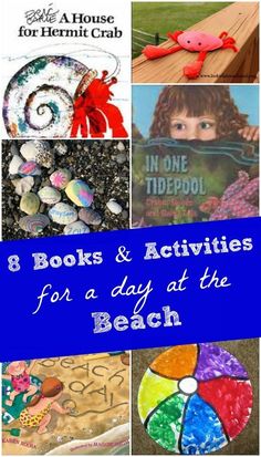 eight books and activities for a day at the beach with text overlay that reads 8 books & activities for a day at the beach