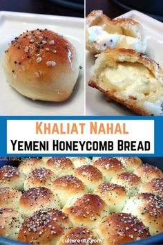 several different types of breads and rolls with text overlay that reads, kalalat naal yemeni honeycomb bread