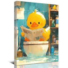 a painting of a ducky sitting on top of a toilet reading a newspaper in a bathroom