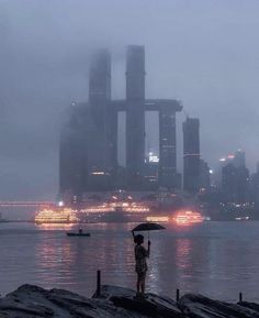 a person holding an umbrella near the water