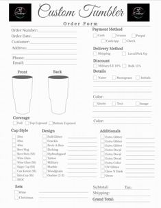 a printable order form with two cups