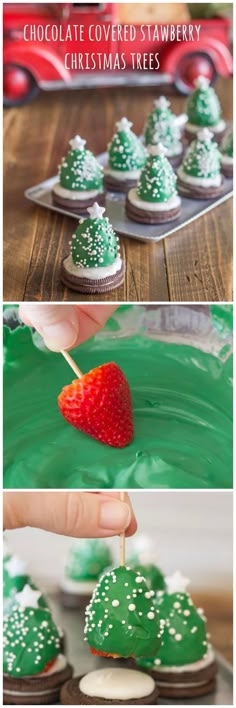 chocolate covered strawberry christmas trees with green frosting