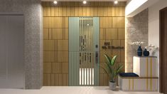 the interior of a modern bathroom with wood paneling and glass doors on the walls