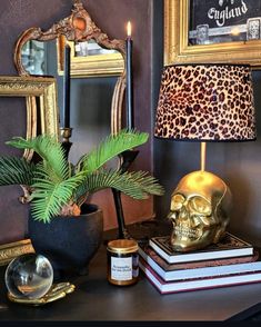 a table topped with a lamp and a skull statue next to a plant on top of books