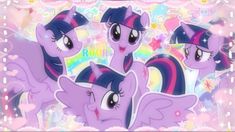 three pinkie ponies standing next to each other in front of a rainbow background