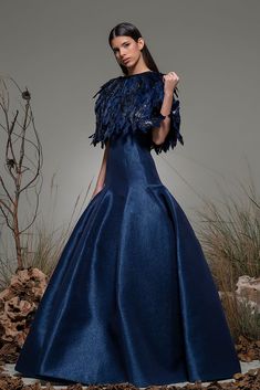 Pleated fit and flare gown featuring feathered cape – HerTrove Luxury Blue Dress With Geometric Embroidery, Isabel Sanchis, Fit And Flare Gown, Feather Gown, Exclusive Gowns, Gala Outfit, Cape Gown, Evening Style, Funky Dresses