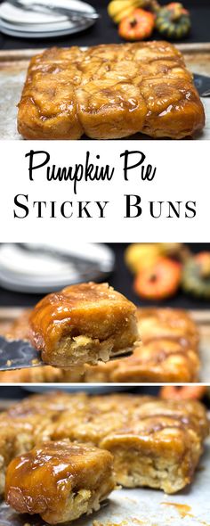 pumpkin pie sticky buns are stacked on top of each other and ready to be eaten