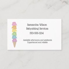 a business card with an ice cream cone on the front and bottom, in multicolors