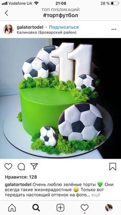 a green cake with soccer balls on it