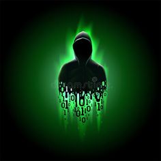 a hooded man in the dark surrounded by green and white numbers on a black background royalty illustration