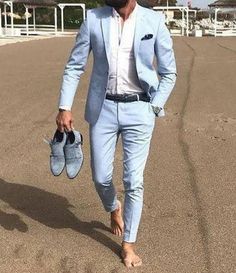 Tuxedo For Wedding, Blue Linen Suit, Sky Blue Suit, Beach Wedding Suits, Summer Wedding Suits, Light Blue Suit, Beach Wedding Attire, Linen Wedding, Blue Suit Men