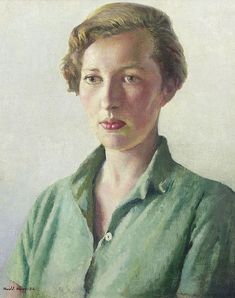 an oil painting of a woman in a green shirt