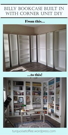 three different pictures with the words billy bookcase built in and corner unit diy