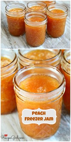 peach freezer jam recipe in mason jars with labels on the top and below it