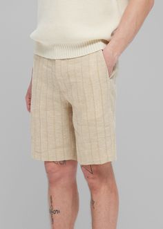 Color: Straw Woven linen-cotton blend fabric Relaxed fit High rise Striped pattern Slant hip pockets Hook and bar closure Zip fly Unlined 63% Linen 37% Cotton Dry Clean Only By Róhe. Made in Lithuania Dry Clean Only, Linen Shorts, Lithuania, Stripes Pattern, Straw, High Rise, Cotton Blend, Dry Clean, Relaxed Fit