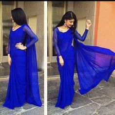 Royal blue plain georgette saree fabric custom made full sleeves blouse womens wedding party wear sa Bollywood Style Fitted Pre-draped Chiffon Saree, Fitted Bollywood Style Pre-draped Chiffon Saree, Bollywood Style Fitted Chiffon Saree, Chiffon Bollywood Saree, Traditional Long Sleeve Blouse With Sheer Dupatta, Bollywood Chiffon Saree, Anarkali Style Saree, Long Sleeve Bollywood Saree With Sheer Dupatta, Fitted Bollywood Chiffon Blouse