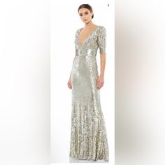 Nwot Mac Duggal Fully Sequined Gown Size 14 Some Loose Threads Slight Train Short Sleeves Glamorous V-neck Wedding Gown, Holiday V-neck Formal Gown, Champagne V-neck Gown With Sequins, Champagne V-neck Evening Gown, Glamorous V-neck Mother Of The Bride Formal Dress, Glamorous Formal V-neck Mother Of The Bride Dress, Glamorous Formal Mother Of The Bride Dress V-neck, Elegant Metallic V-neck Maxi Dress, Full-length Sequin Wedding Gown