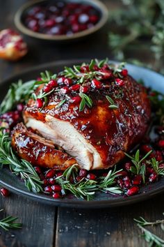 Roasted turkey breast garnished with rosemary and pomegranate seeds. Easy Christmas Turkey Recipes, Fresh Turkey Recipes, Christmas Turkey Breast, Unique Turkey Recipes Thanksgiving, Christmas Holiday Dinner Ideas, Meat Recipes For Thanksgiving, Turkey Flavor Ideas, Shredded Turkey Breast Recipes, Turkey Breast For Thanksgiving