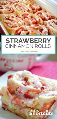 strawberry cinnamon rolls on a plate with the title overlaying it in red and white