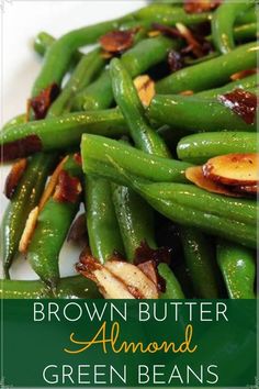 brown butter almond green beans on a white plate