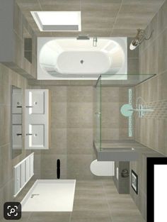 a bathroom with a bathtub, sink and toilet in the center is shown on an appliance