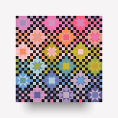 an abstract colorful pattern with stars and squares on black, pink, blue, green, yellow