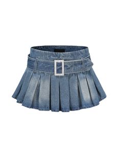 Summer's go-to mini skirt. The Teresa Denim Mini Skirt has a unique and trendy sihlouette that is sure to stand out from anything else in your closet. The low waist and diamond buckle feature adds depth and style to any outfit. Pleated skirt Blue wash Mini fit Dry clean only Diamond detailed buckle Built in shorts Invisible zipper Cutecore Shorts, Outfit Pleated Skirt, Pleated Skirt Blue, School Dr, Nana Jacqueline, Mini Skirt Denim, Dr Wardrobe, Skirt Denim, Leather Mini Skirt