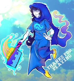 a drawing of a woman in blue dress holding a bag with the words thank for playing on it