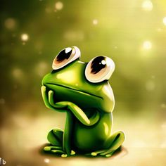 a green frog with big eyes sitting on the ground in front of a blurry background