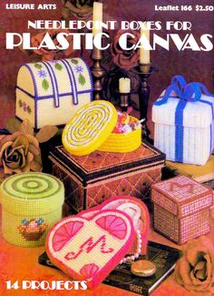 the cover of needlepoint boxes for plastic canvass by leisure arts and crafts magazine