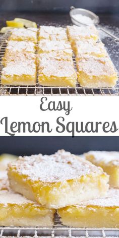 lemon squares cooling on a rack with powdered sugar in the middle and another image showing how to bake them