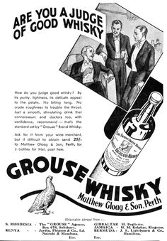 an advertisement for grouse whisky with two men and a bird sitting on the bottle