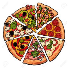 a pizza cut into eight slices with different toppings and toppings on each slice