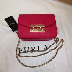 Dimensions (Inch) 6.5 (W) X 4.72 (H) X 3.15 (D) Pink Shoulder Bag With Gold-tone Hardware For Evening, Pink Shoulder Bag With Gold-tone Hardware For Party, Pink Evening Bag With Branded Hardware, Furla Bags, Mini Crossbody, Crossbody Bags, Bag Lady, Red, Pink