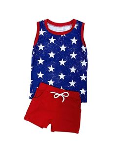 Celebrate the spirit of the USA with our Oh Say Can You See Blue & Red Unisex Shorts Outfit. Blue star tank with red shorts for a pop of patriotic color. Patriotic Red Shorts For Summer, Red Summer Pants With Built-in Shorts, Patriotic Red Shorts, Americana Shorts With Flag Print, Playful Red Cotton Shorts, Ohio Girls, Outfits Shorts, Shorts Fit, Adorable Outfits