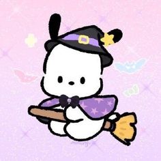 a cartoon character holding a broom and wearing a witches hat